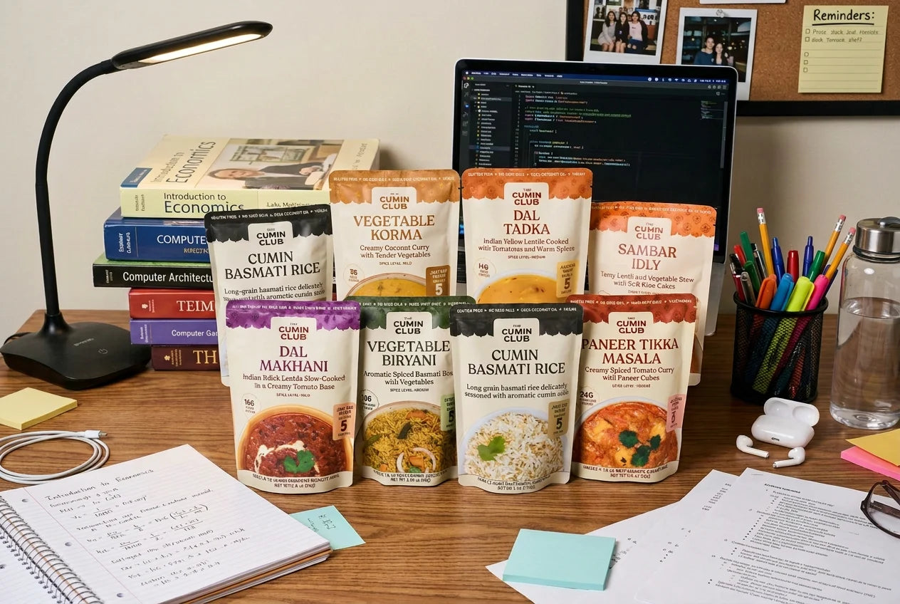 Eight Cumin Club packs on a student desk with textbooks and a laptop